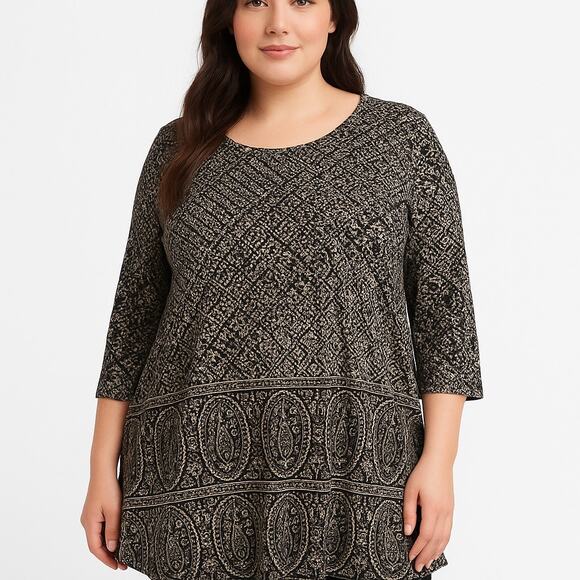 Boho Paisley Tunic Top Black Cream Lucky Brand 2X - Picture 1 of 5